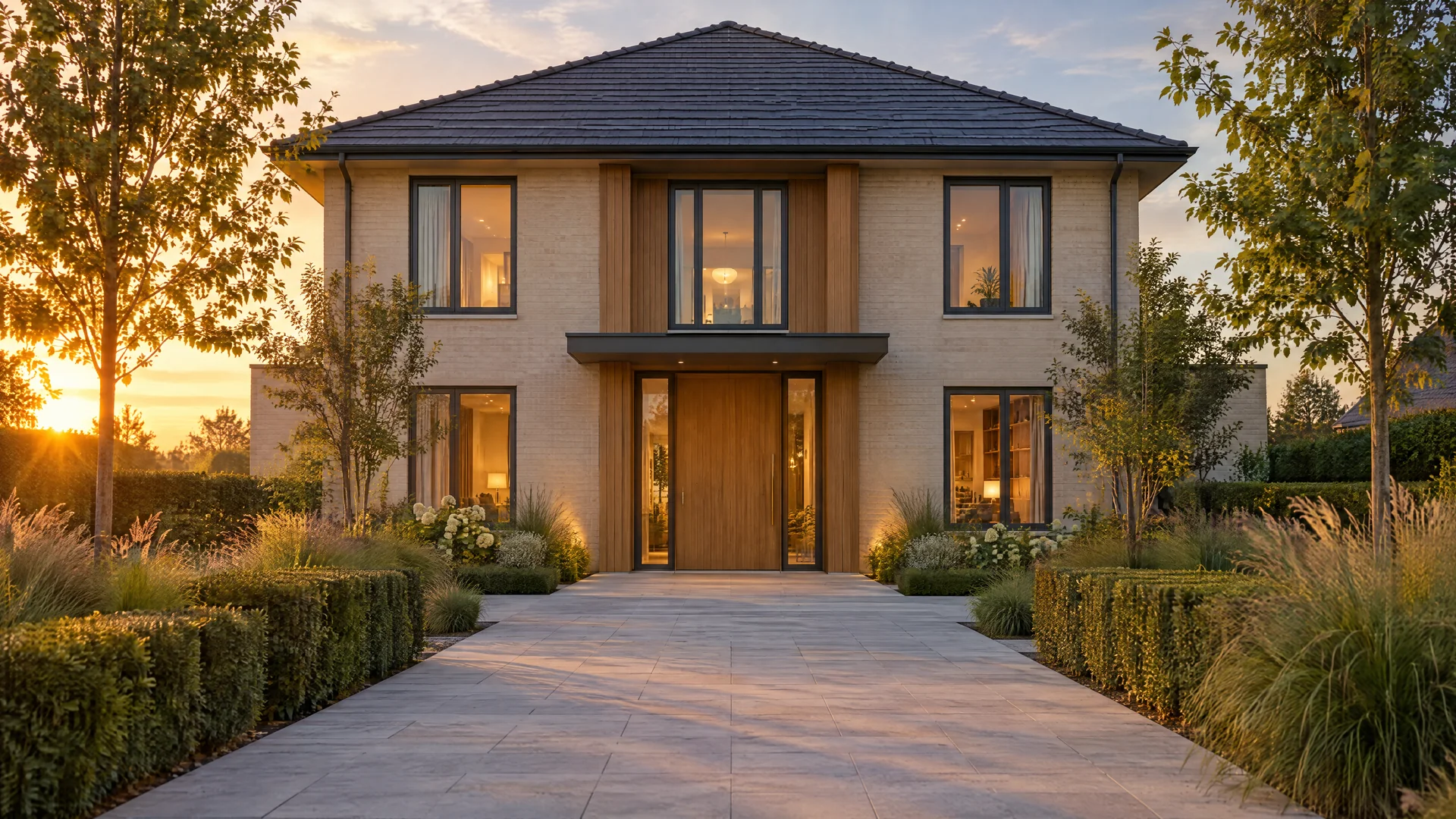 Vrijstaande Nederlandse villa in het warme licht van een zomeravond