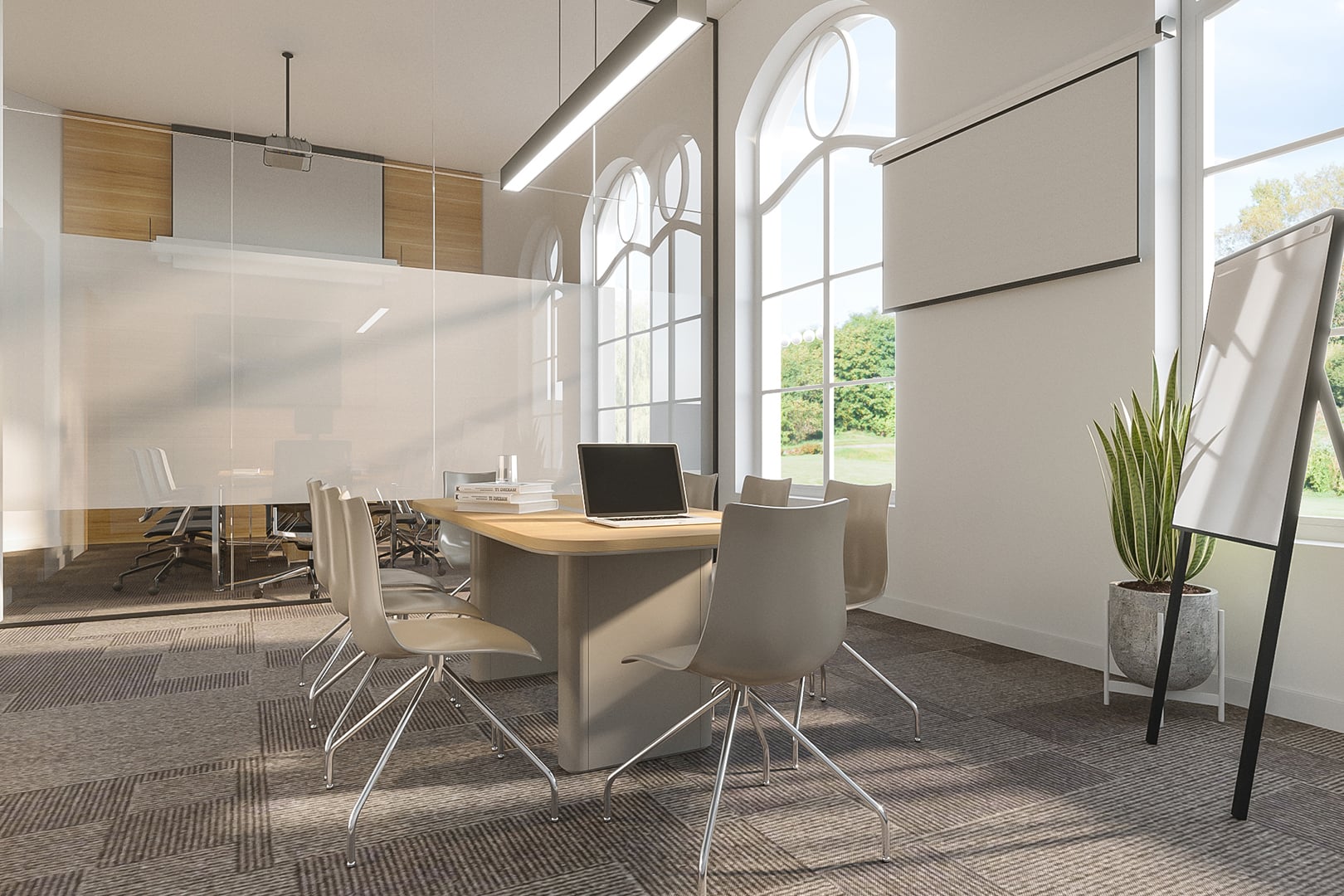 Artist impression of a workspace with a glass partition and tall windows