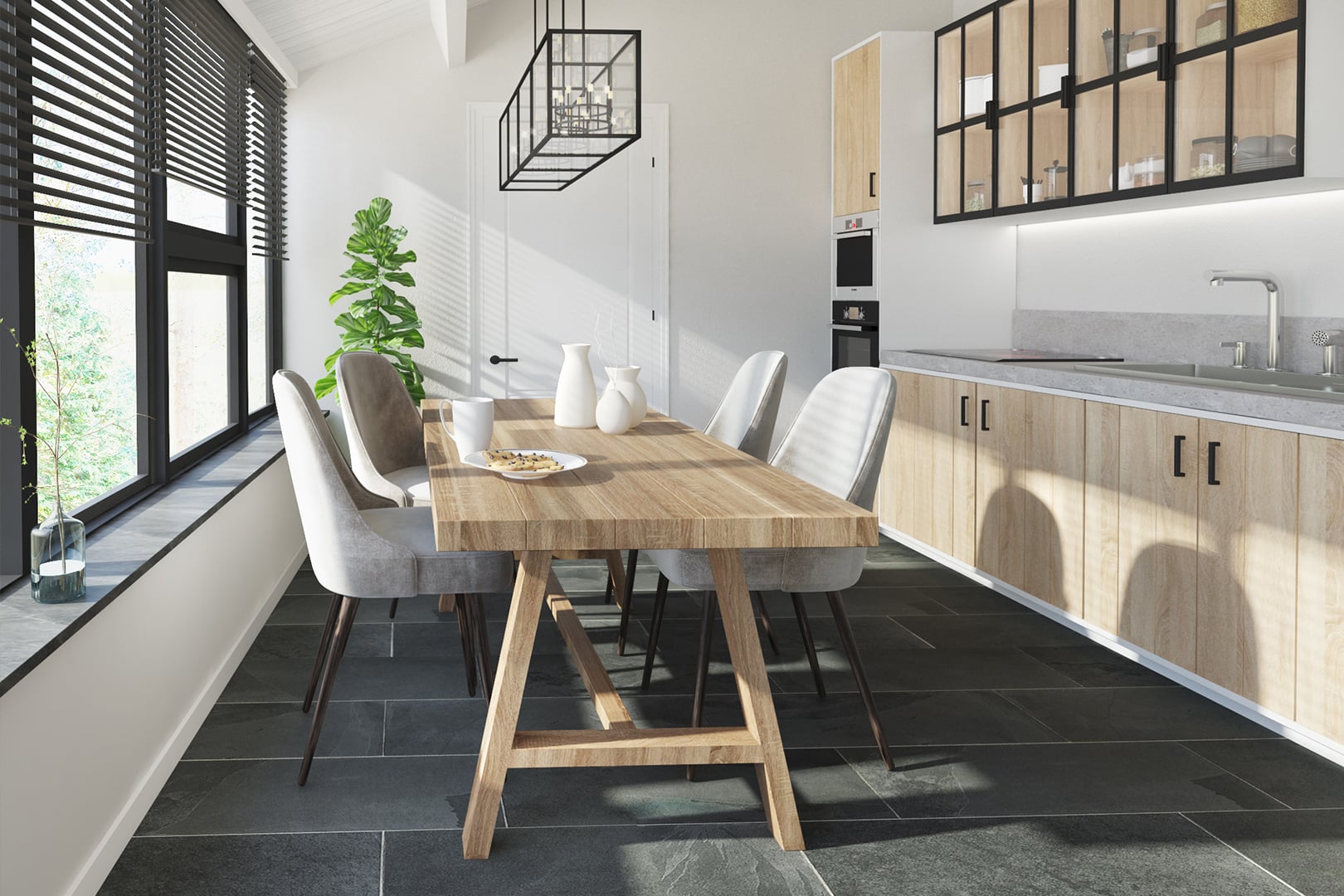 Digital impression of a kitchen with wooden cabinets and a dining table