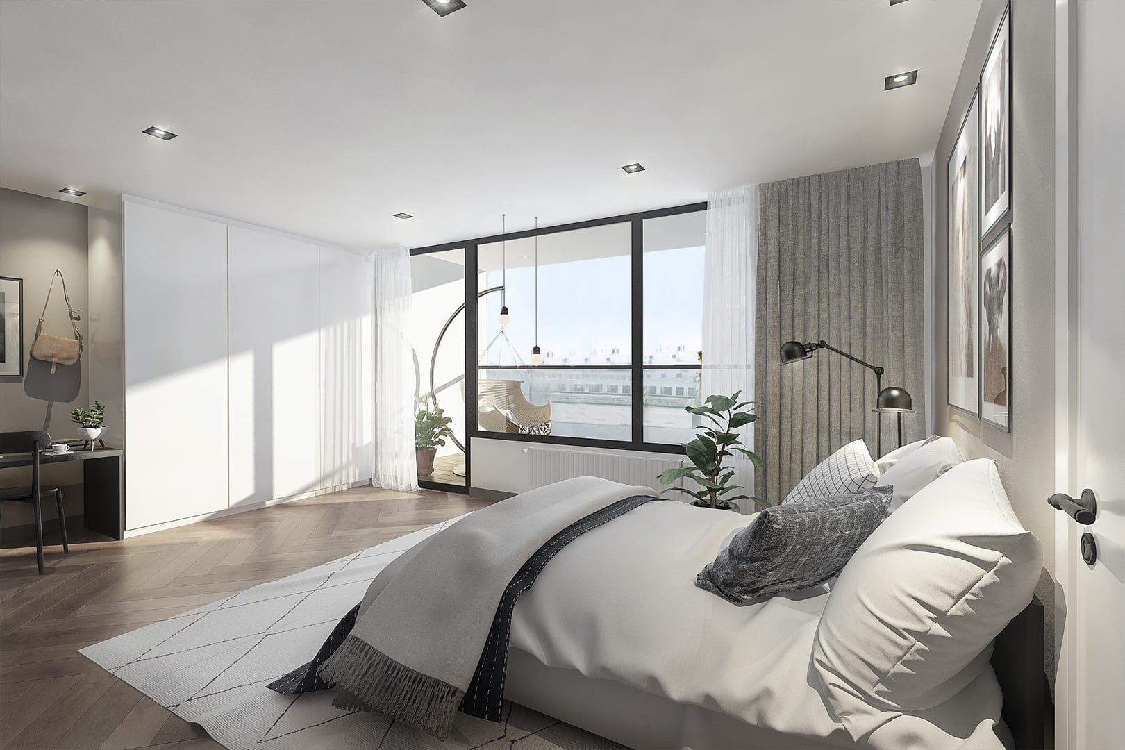 Artist impression of a bright bedroom with wardrobes and a balcony