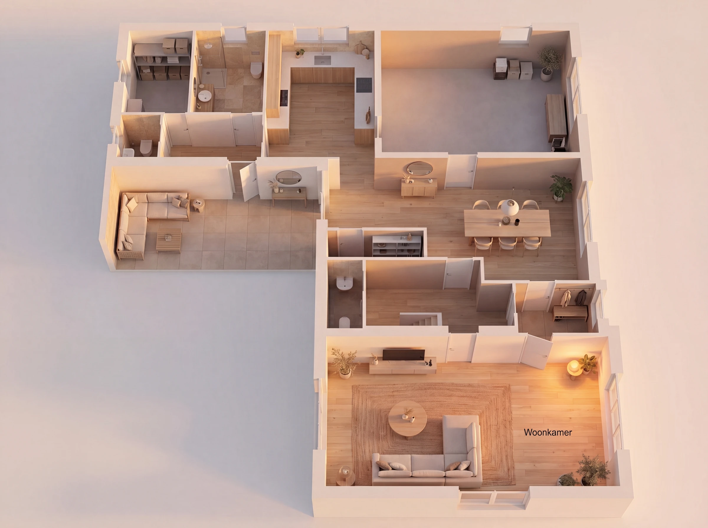 Furnished 3D floor plan with living room, kitchen and several rooms