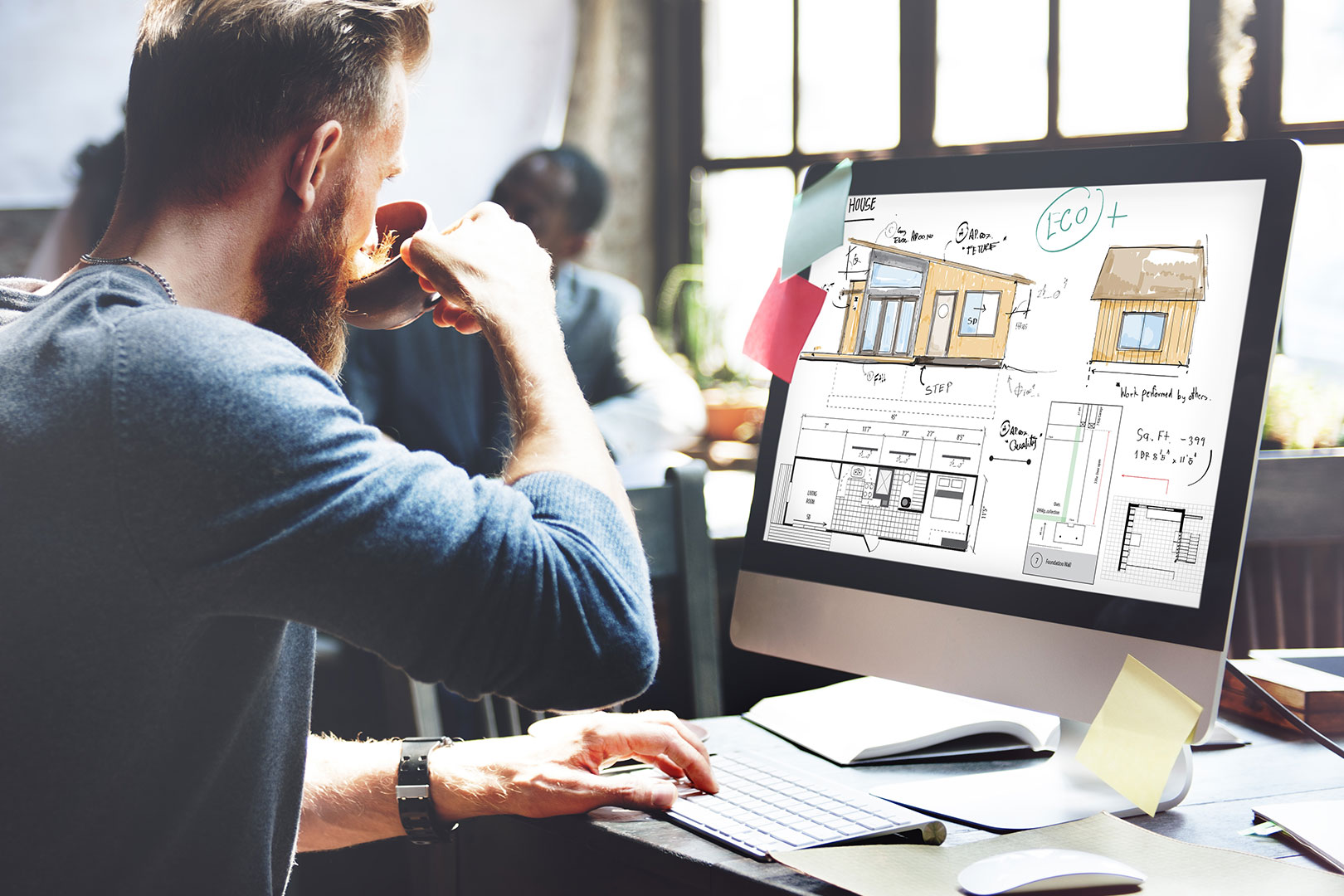 Building drawings and floor plans on a screen
