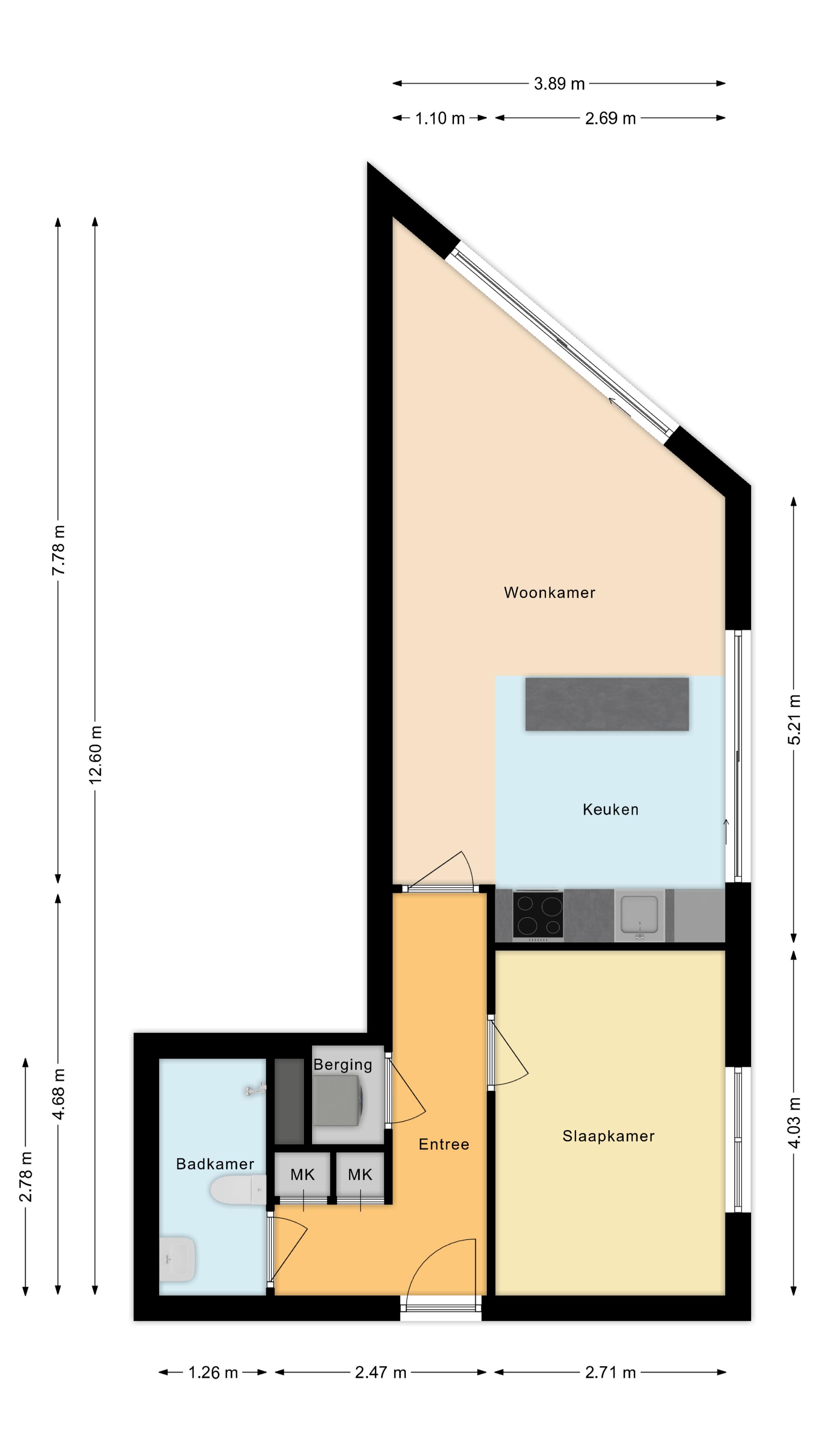 Coloured floor plan with living room, kitchen, bedroom and dimensions