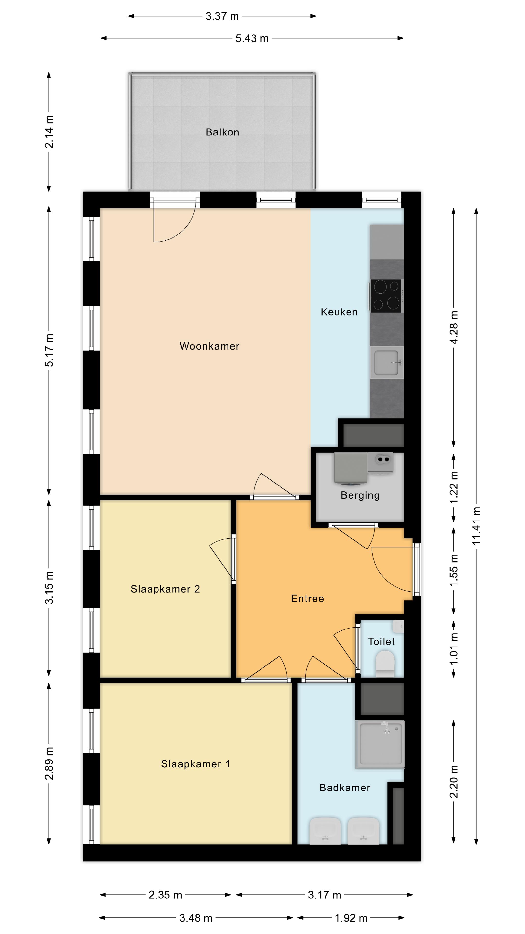 Floor plan of an apartment with two bedrooms and a balcony