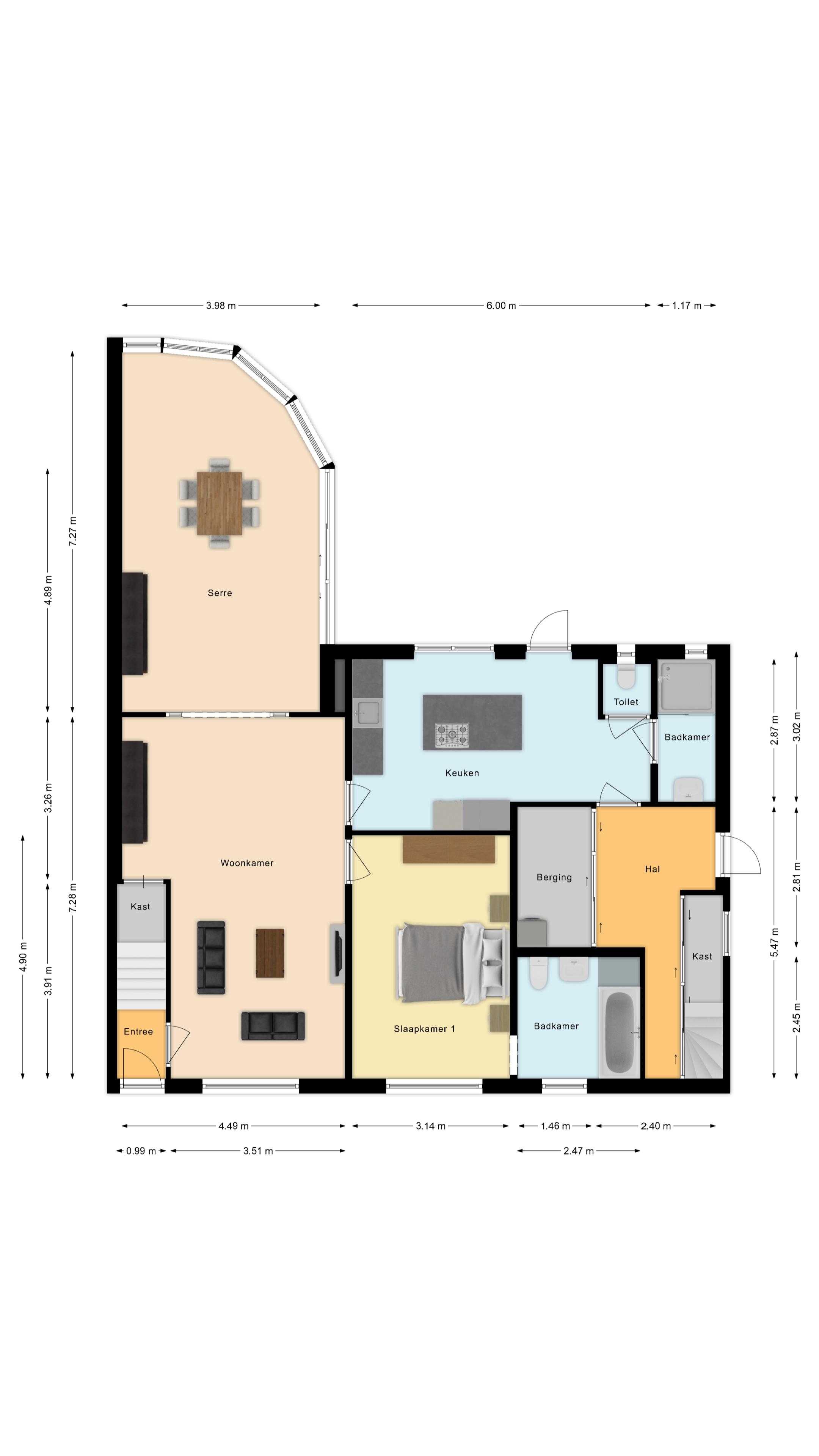 Furnished floor plan with conservatory, living room, bedroom and kitchen