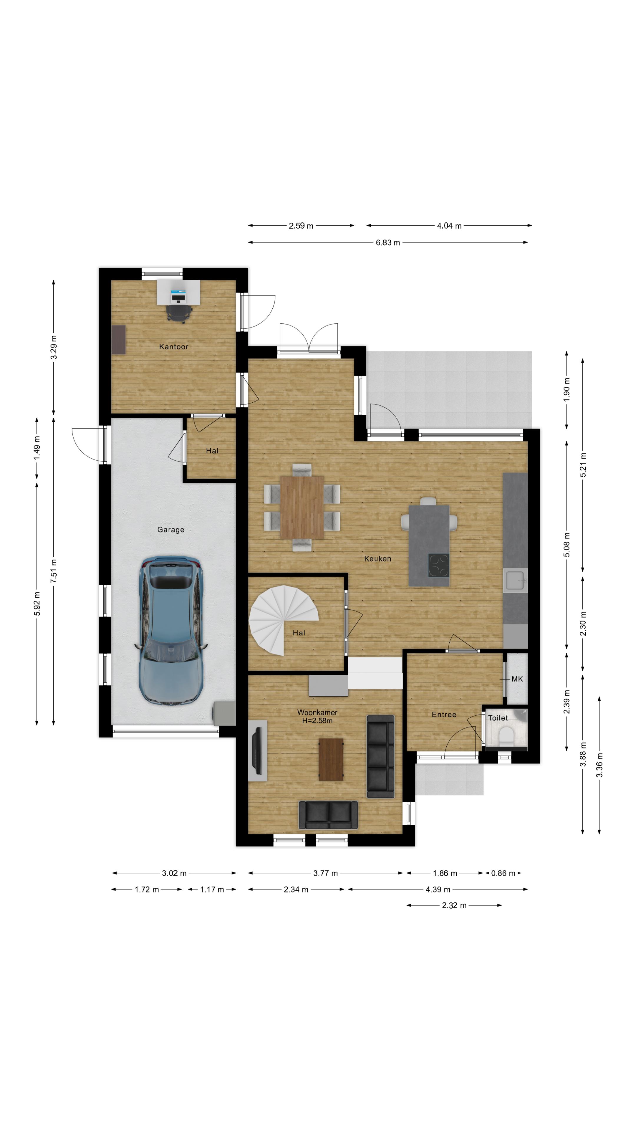 Furnished floor plan with office, garage and kitchen-diner