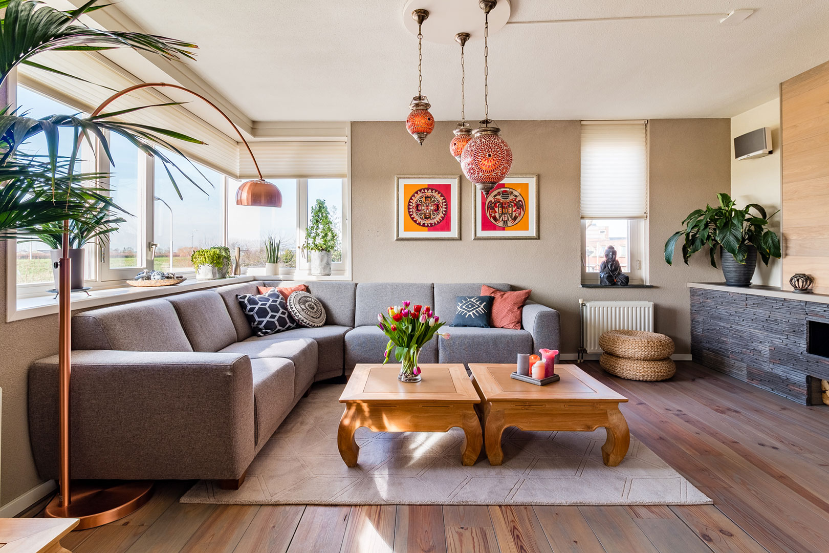 Well-presented living room with cushions, plants and a tidy coffee table