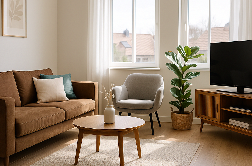 Interieurfoto van een woonkamer met natuurlijk licht en realistische woningpresentatie, gemaakt met woningfotografie